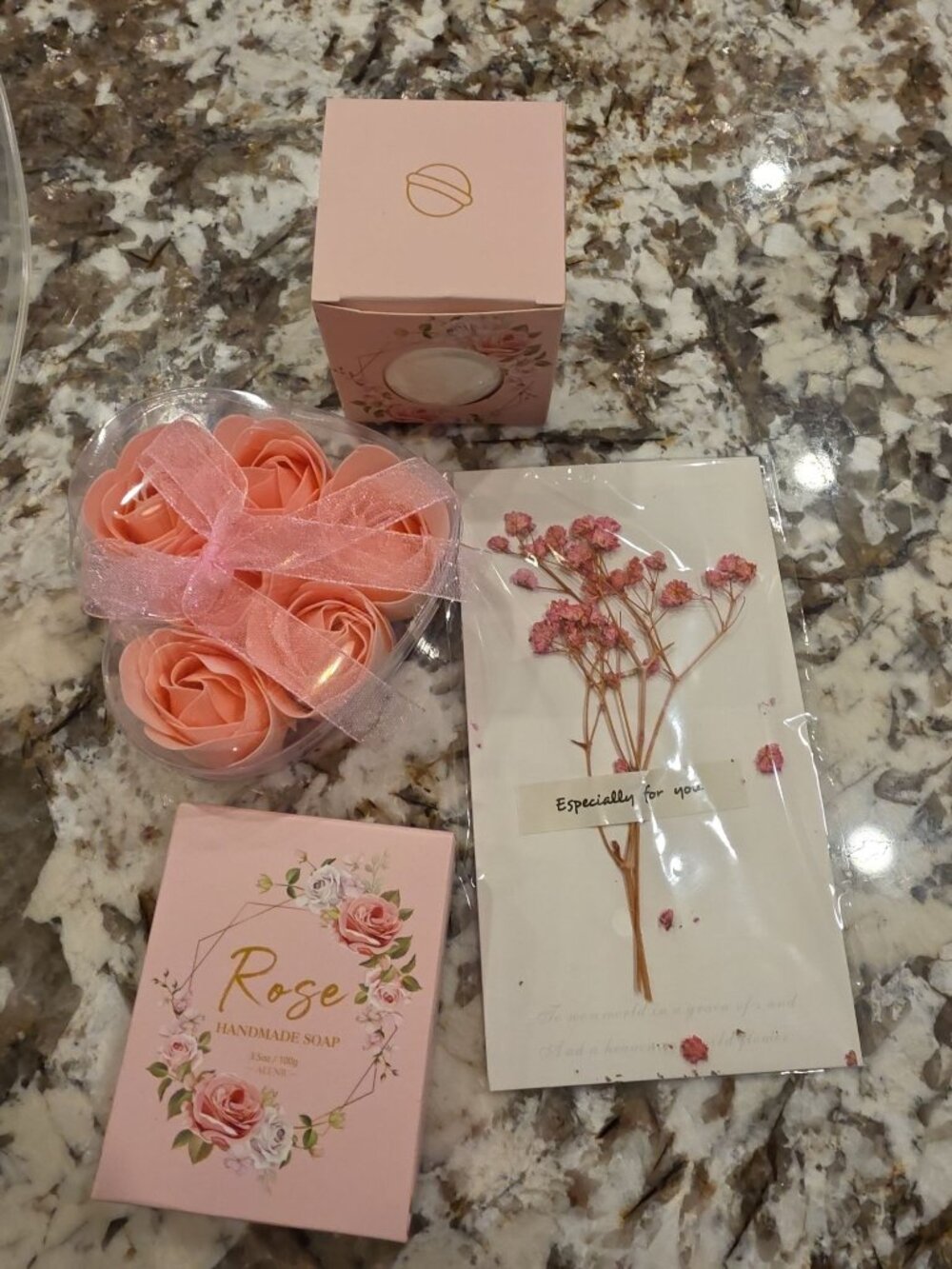 Pink Rose Self Care Gift Set - Bath Bomb, Handmade Soap, Faux Roses - New